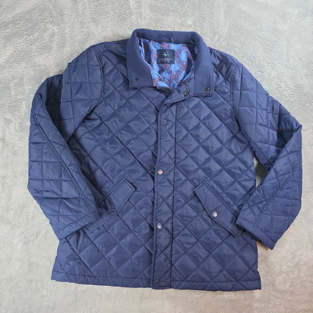 Tailorbyrd Men Large Navy Blue Quilted Barn Jacket Paisley Lining Snap Front